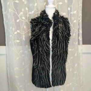 Vintage Victoria Pappas Faux Fur Vest, Black with White Detail, Size L